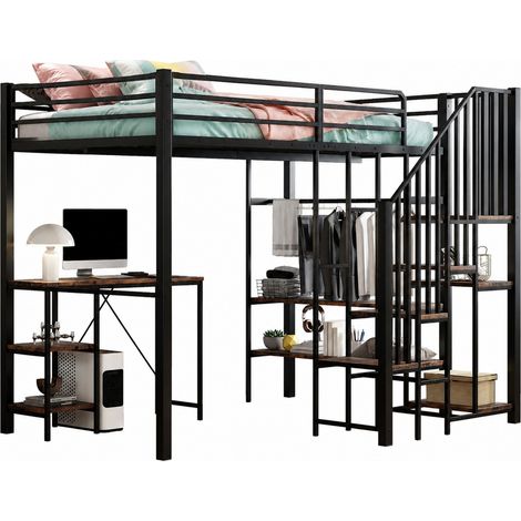 Lit mezzanine 120x200 cm en métal et MDF noir avec bureau, étagères, armoire ouverte et escalier d’angle 4 marches, gain de place pour ado – CHICFURN (1/5)