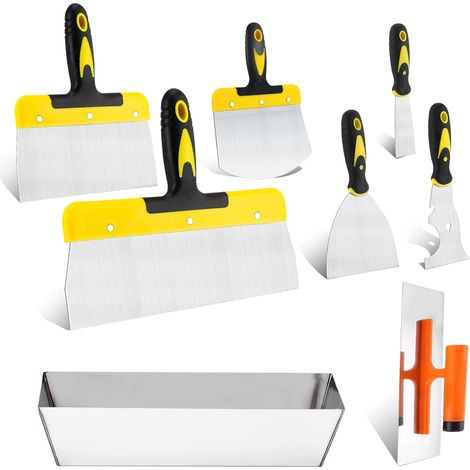 8 Pièces Set Spatule Acier, Spatules en Acier Inoxydable comprenant Couteau à Enduire,Multifonctions Spatule Mastic, Truelle à Plâtre, Grattoir à Seau et un Bac Enduit (1/5)