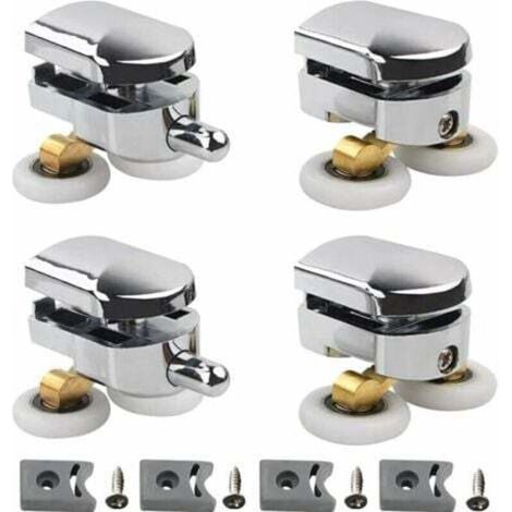 Set di 4 rulli doppi per box doccia scorrevole, 2 ruote di 23 mm di diametro, in lega di zinco, per bagno, con blocco anticollisione e fissaggi. (1/4)