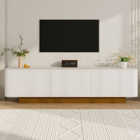 Mobili TV, finitura testurizzata, con 3 ante e scomparti, senza maniglie, ampio spazio di archiviazione, adatto per TV da 75 pollici, design ,170x40x47 cm, Bianco (1/5)