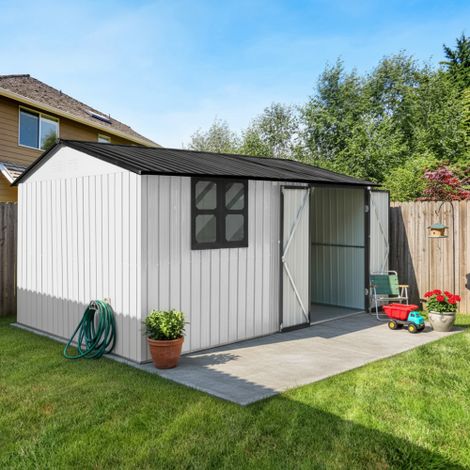 Abri De Jardin Métal 10,34 m² avec Porte Verrouillable, Fenêtre et Toit Double Pente, 362 x 285,5 cm, Blanc et Noir