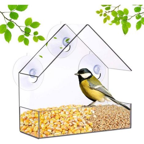 Mangeoire à oiseaux avec ventouses puissantes en plastique transparent pour jardin et extérieur (1/5)