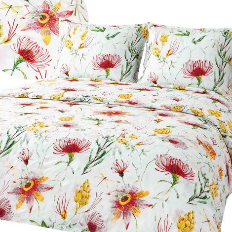 Baumwollbettwäsche 180x200 cm, naturfarben, 100 % Baumwolle, rot-gelbe Blumen (1/5)