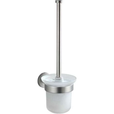Brosse WC Murale, Brosse WC à fixer au mur, Tête de brosse remplaçable, Acier inoxydable et verre satiné, Fixation incluse, 10x35x14cm, Blanc (1/5)