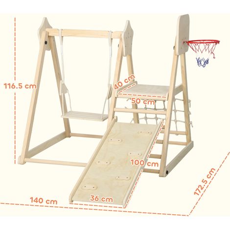 Structure de jeux pliable 5 en 1 avec toboggan, 2 parois, balançoire et panier de basket, en bois, 140 x 172,5 x 116,5 cm (1/5)