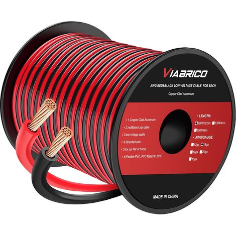 100FT 18 AWG Gauge Electrical Wire, DC 12V Hookup Red Black Copper Stranded Auto 2 Cord Low Voltage, Extension Cable with Spool for LED Ribbon Lamp Light (1/5)