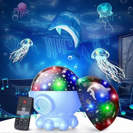 Proiettore di luce notturna per bambini con rotazione a 360°, 17 modalità di illuminazione, 9 ninne nanne, 3 film da proiettare, telecomando e timer, età 3-8 anni (1/5)