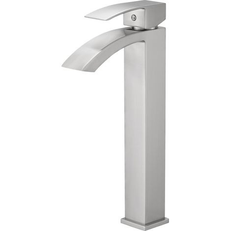 Saniverre – Robinet mitigeur haut bec cascade chrome brossé – Corps laiton nickelé – Débit 5,7 L/min – Hauteur 31,6 cm pour vasques (1/5)