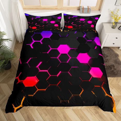 Parure de lit pour enfant taille S avec housse de couette et 1 taie d'oreiller, motif 3D rouge néon et lumière hexagonale, pour garçon et fille, motif géométrique, moderne (1/5)