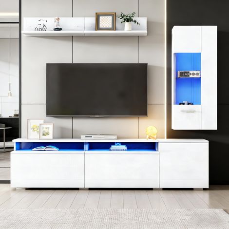 Ensemble meuble TV mural, meuble de salon moderne 3 pièces avec LED pour TV jusqu'à 80 pouces, avec vitrine et étagère suspendue, Blanc (1/5)