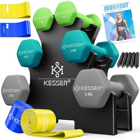 KESSER® Hantel-Set, 3 Paar 12kg oder 18kg  Kurzhanteln mit Ständer für Fitnessstudio, Krafttraining  Hantelset mit Übungsheft, 2x Fitnessbänder