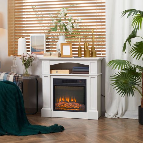 Chimenea eléctrica empotrable y de pie con efecto de llama 3D realista y estante, 1800 W, luz LED, termostato, calefacción regulable, temporizador y mando a distancia, 30 m², blanca. (1/5)