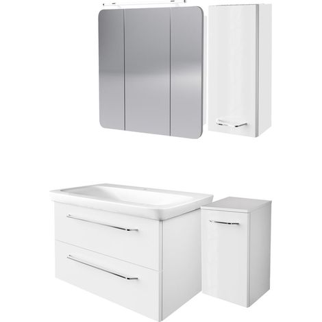 Fackelmann MILANO Badmöbel Set 6-teilig, 80 cm, Weiß, Keramik, Spiegelschrank + 2 Badschränke"-"90292145 (1/4)