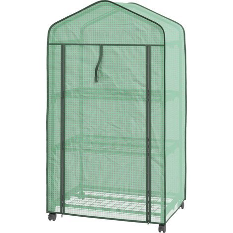 Serre de jardin Mini serre de jardin avec 3 étagères, bâche PE haute densité, porte enroulable, 4 roulettes, dim. 69L x 49l x 130H cm (1/5)