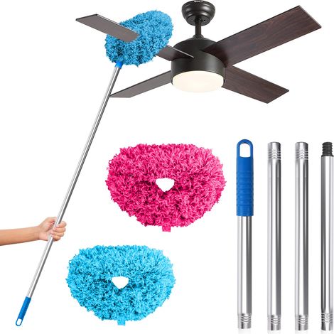 Nettoyeur pour ventilateurs de plafond : perche extensible 33-135 cm, plumeau microfibre réutilisable lavable adsorption poussière, brosse dépoussiérer (lot de 2 bleu et rose) (1/5)