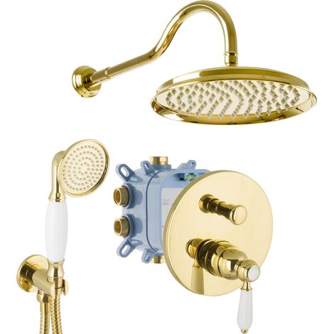 PaulGurkes Duschsystem Unterputz Gold Einhandmischer Nostalgie Retro Landhausstil Dusch-Set 25cm (1/5)