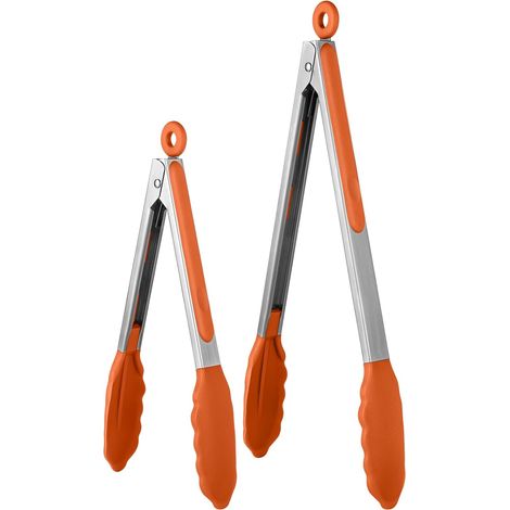 Set de pinces de cuisine résistant à 315°C, avec embouts en caoutchouc non-adhésifs bien scellés et manche en acier inoxydable revêtu de silicone (23/30 cm, orange). (1/5)