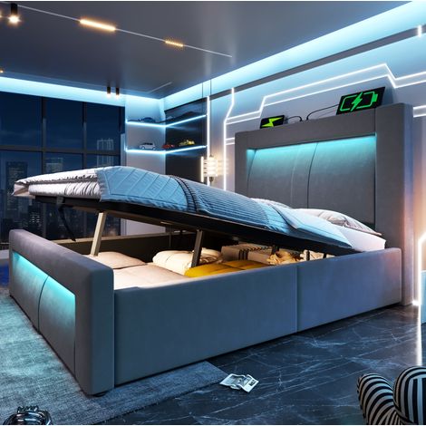 Letto singolo 90x200 cm in velluto grigio, con contenitore idraulico, LED, USB e testiera curva (1/5)