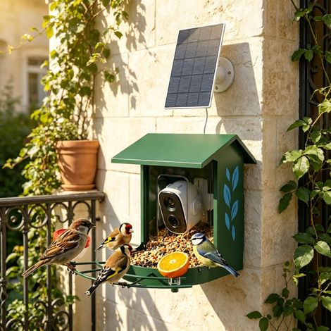 Mangeoire à oiseaux solaire avec caméra 2K, capacité de 2,5 L, objectif grand angle de 142°, reconnaissance d'oiseaux par IA pour plus de 16 000 espèces, contrôle via application, étanchéité IP65, car (1/5)