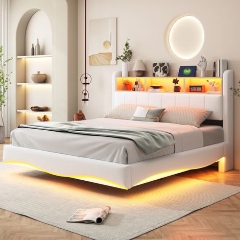 MEUBLIV Bettgestell 160x200 cm Beige – mit LED, Stauraum am Kopfteil, ohne Matratze (1/5)