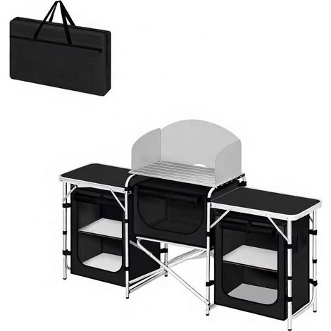 Cucina da campeggio pieghevole con ripiani e armadio in tessuto 175x40x110 cm nero (1/5)