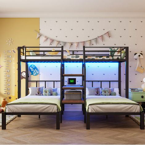 DESVIAE Lit superposé triple 90 x 200 cm avec éclairage LED escaliers de rangement 2 ports USB prise bureau étagère métal MDF noir (1/5)