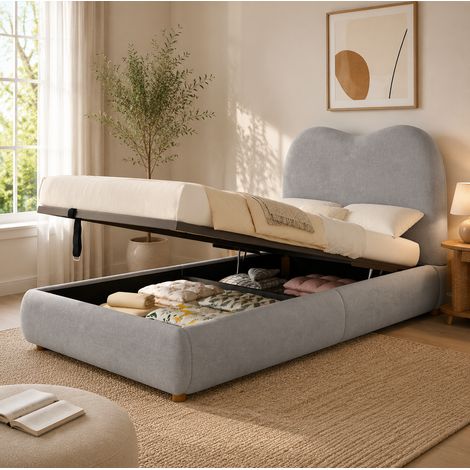 Letto contenitore per bambini 90x200 cm con vano contenitore idraulico, testiera imbottita, rete a doghe, lenzuola grigie (1/5)