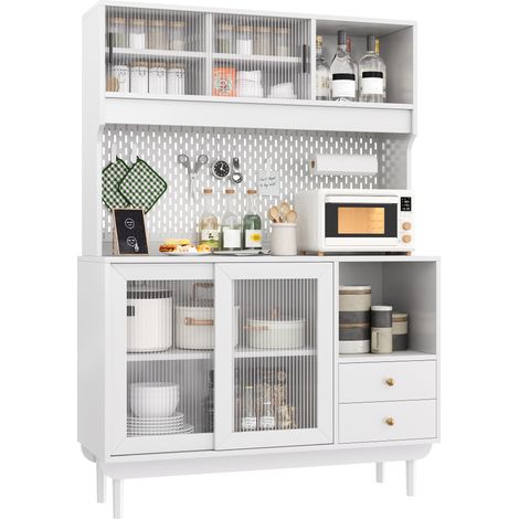 Buffet de Cuisine avec 4 Portes Coulissantes en Verre Strié, 2 Tiroirs et Étagères Ouvertes en MDF Blanc (1/5)