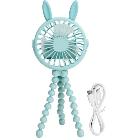 Ventilateur de poussette électrique réglable 3 vitesses, mini portable à oreilles pointues, avec clip trépied LED, suspension, bleu (1/5)