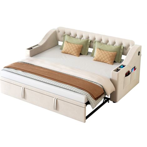 Canapé-lit 90x190 cm convertible 180x190 en velours beige, avec rangements intégrés dans les accoudoirs, ports USB et structure à lattes, CHICFURN (1/5)
