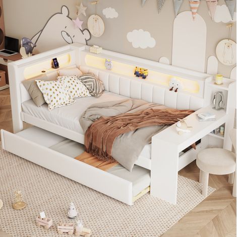 Letto singolo 90x200 cm bianco in MDF e lino imbottito con LED, USB, letto estraibile e scrivania (1/5)