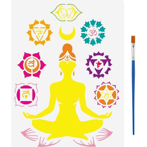 Pochoir de Méditation avec 1 Pinceau en Plastique 21x29.7cm - Pochoir de Yoga en Plastique Réutilisable - Symboles de Chakra - Pour Sol, Bois, Mur, Meubles, Artisanat, Décor (1/5)