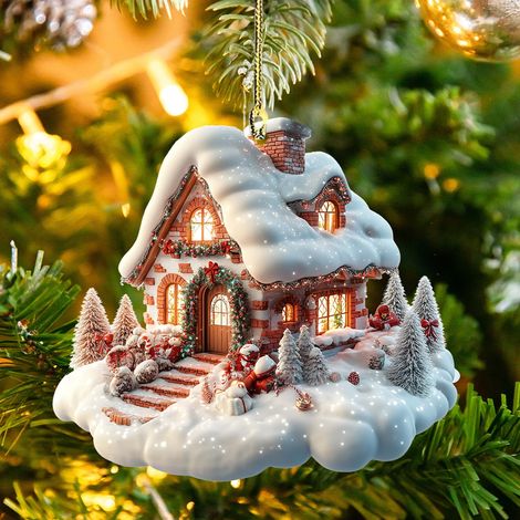 Maison Enneigée - Décoration Arbre De Noël En Acrylique - Cabane Rustique 2D Avec Scène Hivernale - Lot De 1 Ou 5 Pièces (1/5)