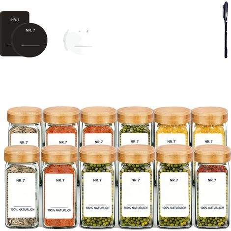 Tarro para especias, vidrio de borosilicato, tapa de bambú ecológica, 12 tarros para especias (1/2)