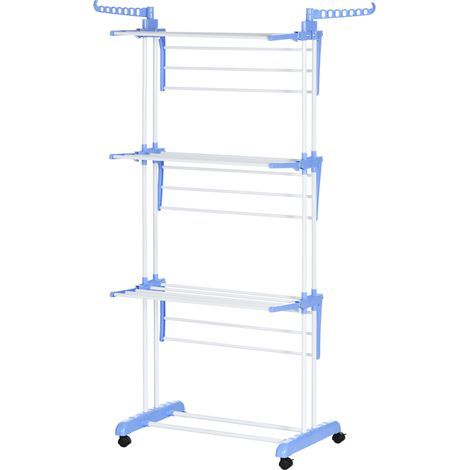 Étendoir à linge, 4 niveaux, pliable, 4 roues dont 2 avec freins, structure en métal, bleu et blanc, 73 x 64 x 177 cm (1/5)