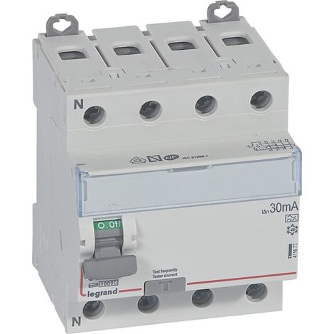 Interrupteur différentiel DX³-ID arrivée haute et départ bas à vis 4 Pôles 400V 80A type A 30mA 4 modules LEGRAND 411677