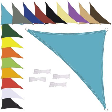 Voile d'ombrage triangulaire, imperméable, résistant aux intempéries, polyester de qualité supérieure, plusieurs longueurs et largeurs au choix, avec cordes de fixation, 1,6 x 1,6 x 1,6 m Bleu (1/5)