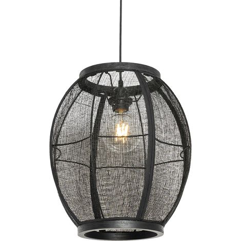 QAZQA Lampada a sospensione rob - Orientale - Legno,Lino,Acciaio - Nero - Ovale Max. 1 x Watt (1/5)