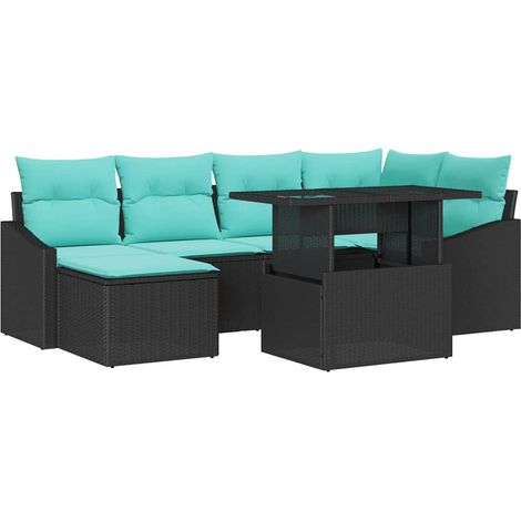 Sofa Set with Cushion 7 pcs Black and Blue Poly rattan vidaXL (1/5)