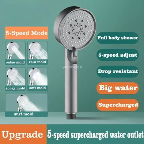 Pommeau de douche turbo gris pour salle de bain, jet puissant, haute pression, effet pluie, 5 modes, ensemble de pommeau de douche universel (1/5)