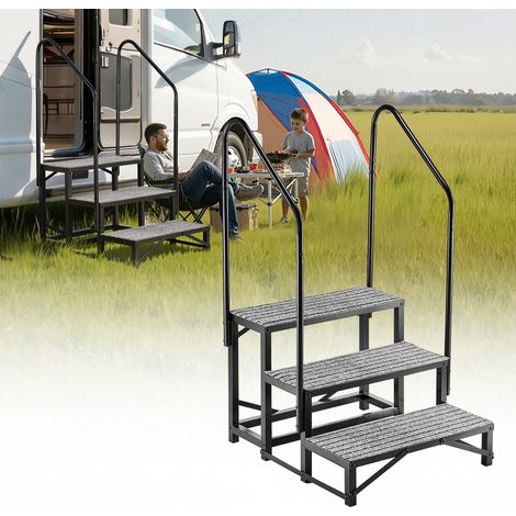 Escalier Mobile à 3 Marches, Marchepied avec 2 Rampes pour Caravane, avec Patins Antidérapants pour Personnes Âgées, Animaux Domestiques, Portable pour Spa, Camping-car, Piscine, Capacité 300 kg (1/5)