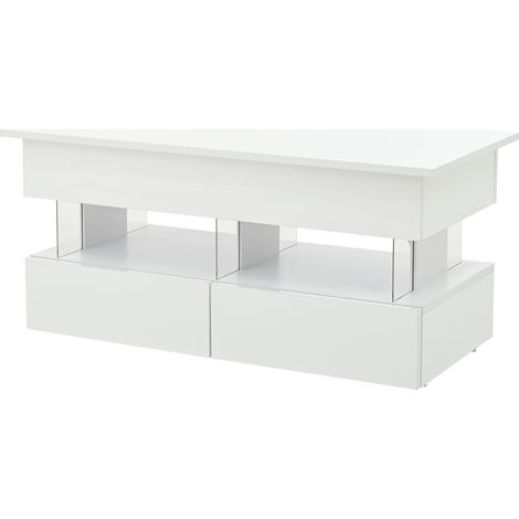 Table basse relevable 100 x 50 x 46 cm avec plateau réglable en hauteur, espace de rangement dissimulé, finition brillante, LED, 2 tiroirs, blanc, MDF + acrylique (1/5)