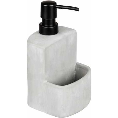 WENKO Dispenser di detersivo Festival, dispenser ricaricabile, in robusto calcestruzzo grigio con vano aggiuntivo per spugnetta, ideale per la cucina, capacità 380 ml, 10 x 18 x 10 cm, calcestruzzo (1/5)
