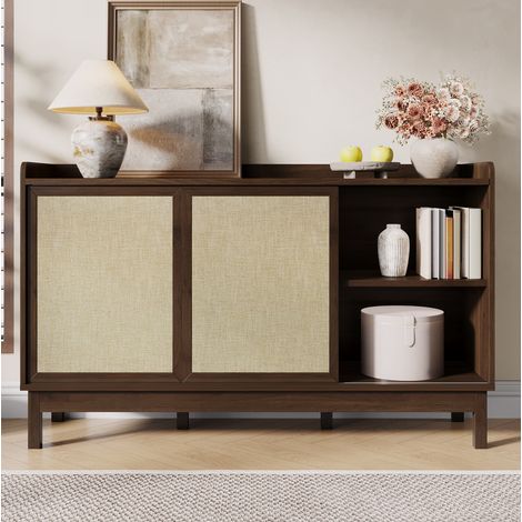Aparador 150x39.5x80 cm natural en tablero de partículas con puertas correderas y doble cajón (1/5)