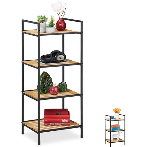Relaxdays Estantería de pie, Abierta, Mueble de salón & pasillo, Bambú & Metal, 95x39x32,5cm, 1 Ud., Marrón & Negro