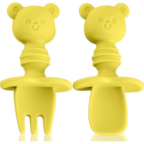 Ensemble fourchette et cuillère en silicone pour bébé (jaune)