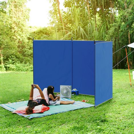 Brise-vent de camping. paravent de plage avec sac de transport. angles de fixation 450 x 150 cm. bleu