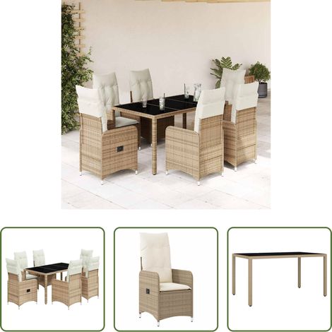 vidaXL Gartenstuhl - 7-tlg. Garten-Bistro-Set mit Kissen Beige Poly Rattan (1/5)