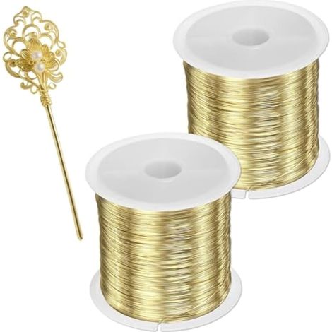 Fil de Laiton,Fil de cuivre doré pour bijoux - 2 bobines de 100m, 0,3mm - Fil souple et résistant pour bijoux et décorations - Utilisation facile, flexible et durable (1/4)