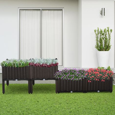 4er-Set quadratische Pflanzkübel für den Außenbereich, Korboptik, frei kombinierbar für Garten und Terrasse, 40 x 40 x 26/44 cm, Braun
